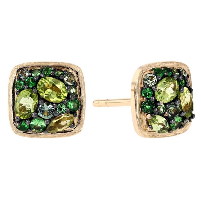 Tsavorite Garnet, Peridot & Sapphire Green Cluster  Cushion Earrings in Yellow Gold