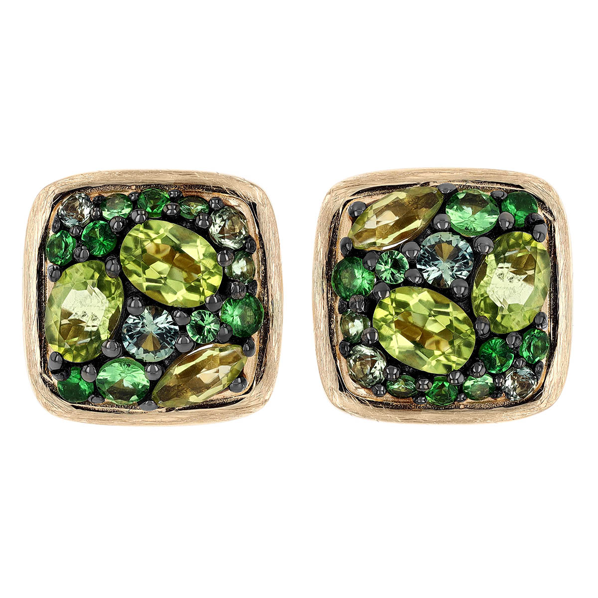 Tsavorite Garnet, Peridot & Sapphire Green Cluster  Cushion Earrings in Yellow Gold