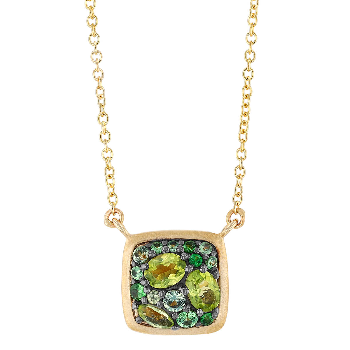 Tsavorite Garnet, Peridot & Sapphire Green  Cluster  Cushion Necklace in Yellow Gold