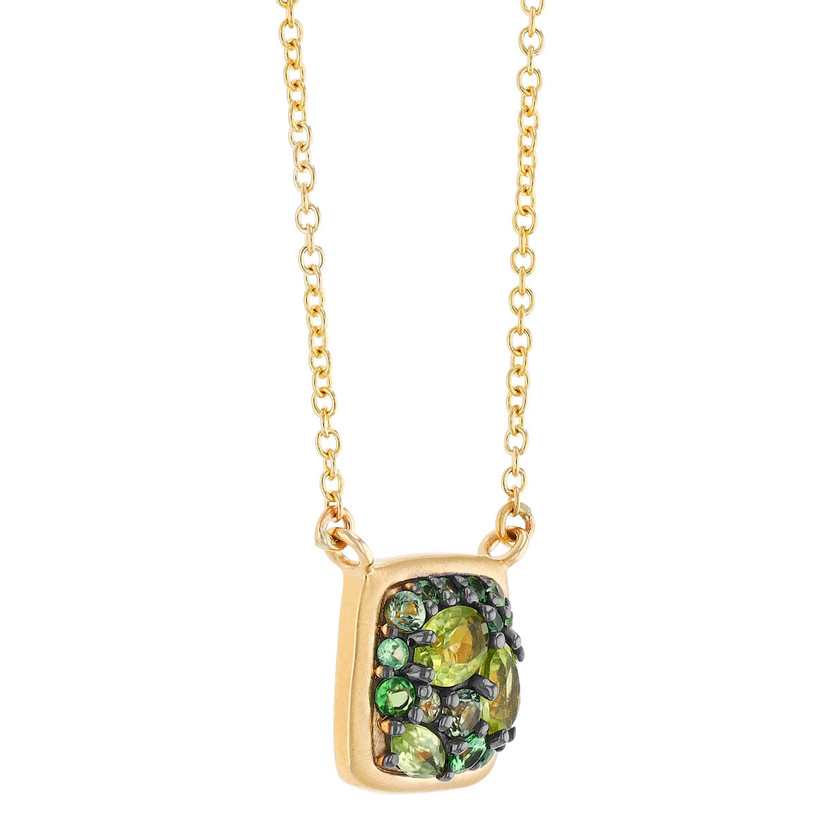 Tsavorite Garnet, Peridot & Sapphire Green  Cluster  Cushion Necklace in Yellow Gold