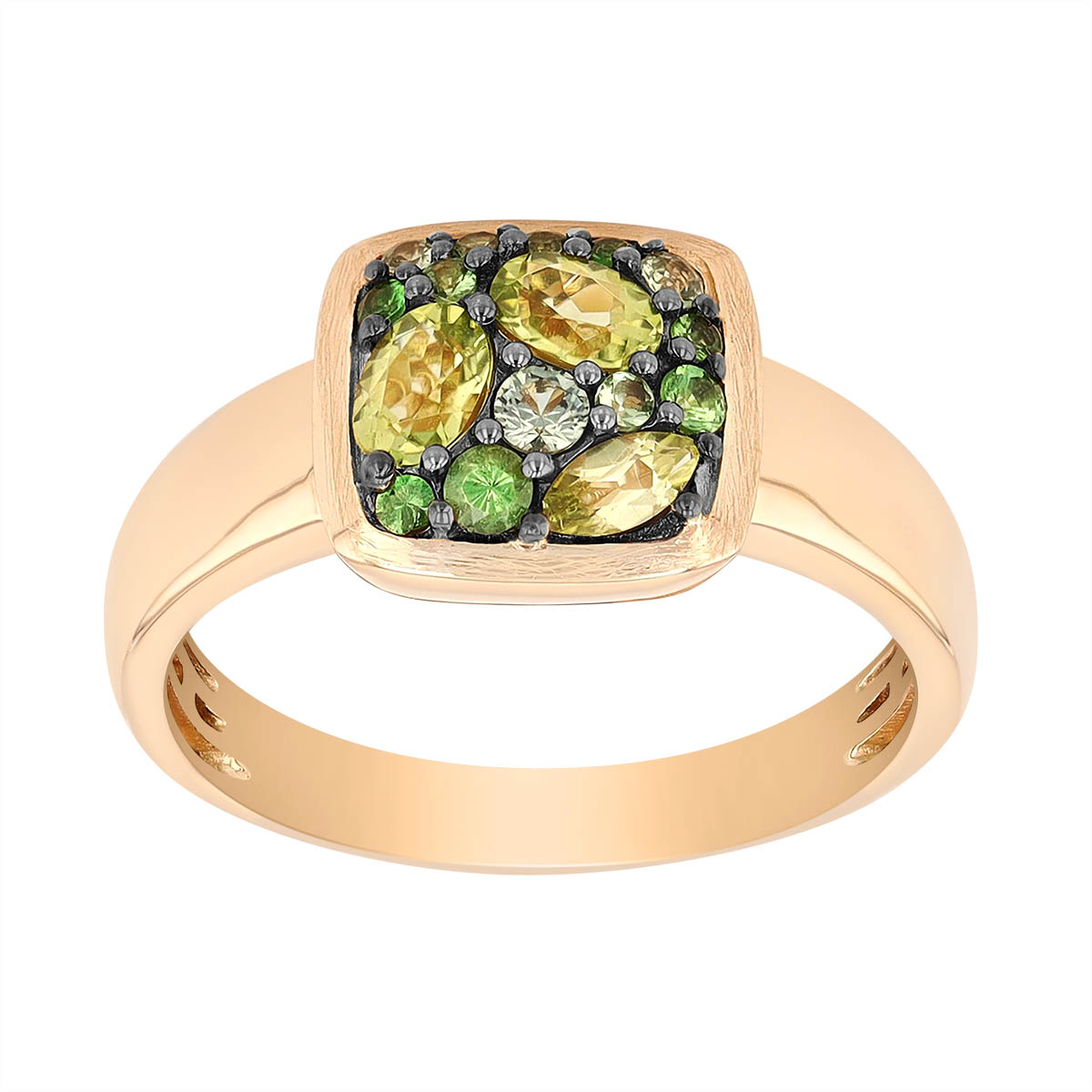 Tsavorite Garnet, Peridot & Sapphire Green  Cluster  Cushion Ring in Yellow Gold