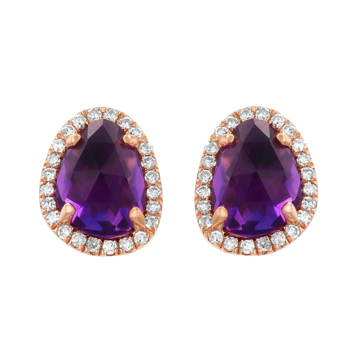 Freeform Amethyst & Diamond Halo Stud Earrings in Rose Gold