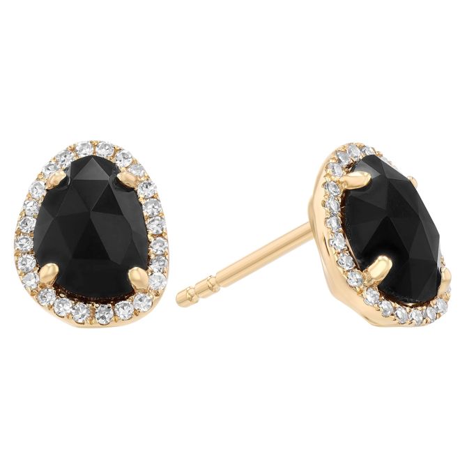 Freeform Black Onyx Chalcedony & Diamond Halo Stud Earrings in Yellow Gold