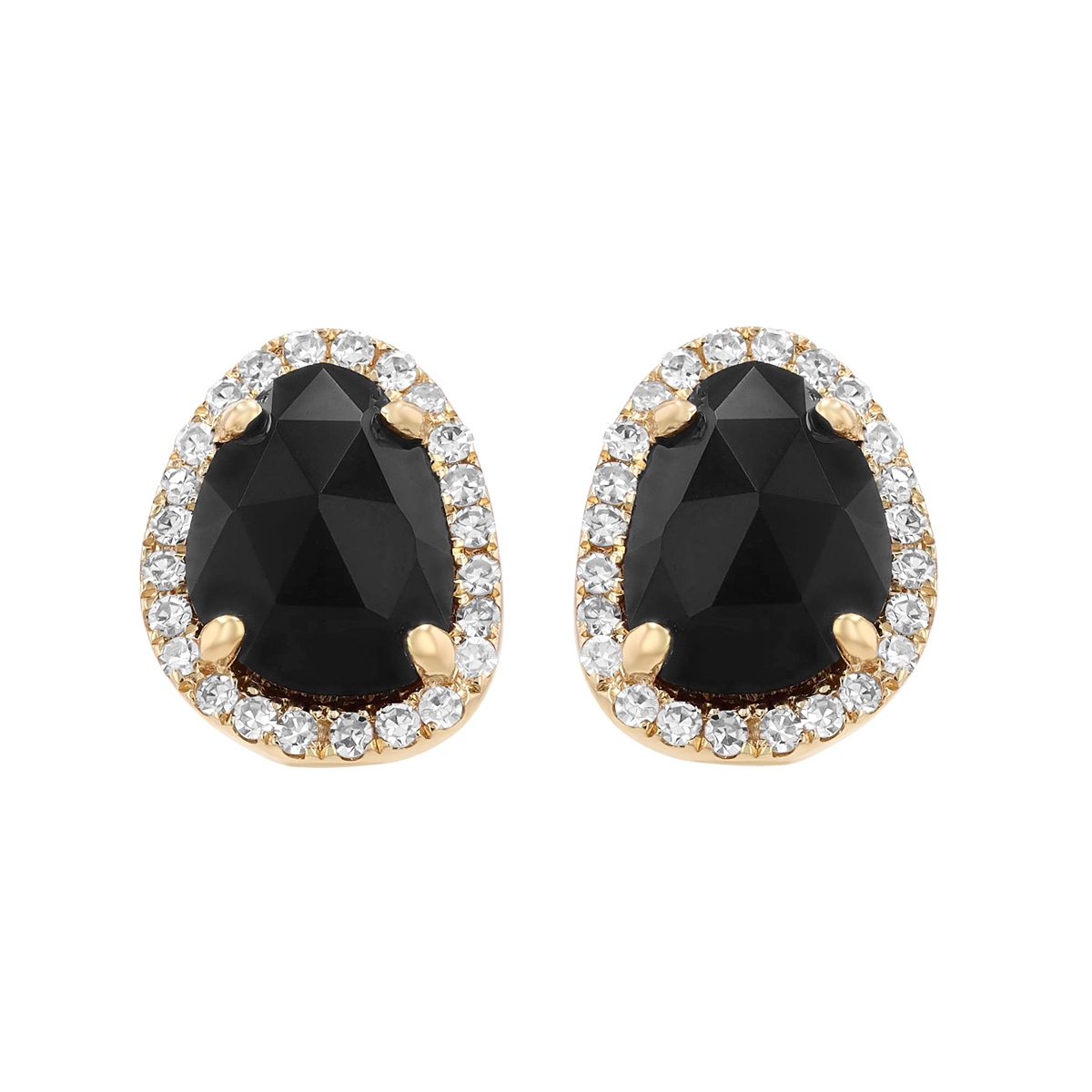 Freeform Black Onyx Chalcedony & Diamond Halo Stud Earrings in Yellow Gold