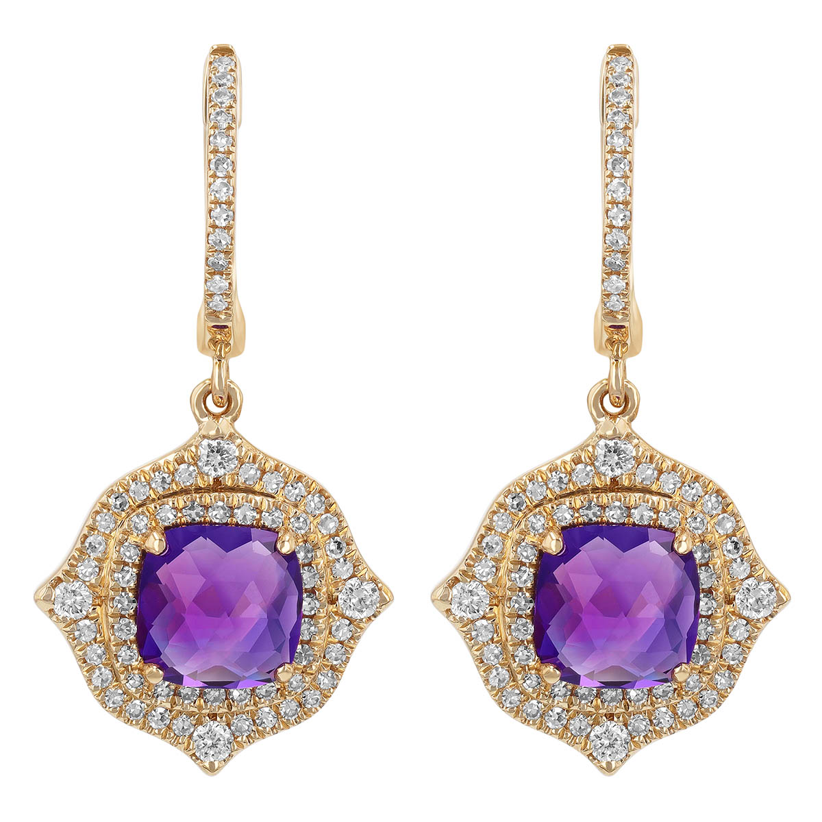 Cushion Amethyst & Diamond Arabesque Halo Dangle Earrings in Yellow Gold
