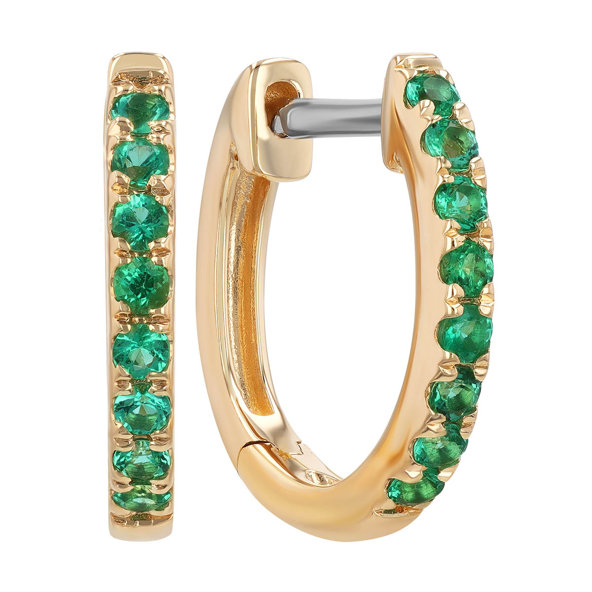 Emerald Huggie Hoop Earrings in Yellow Gold