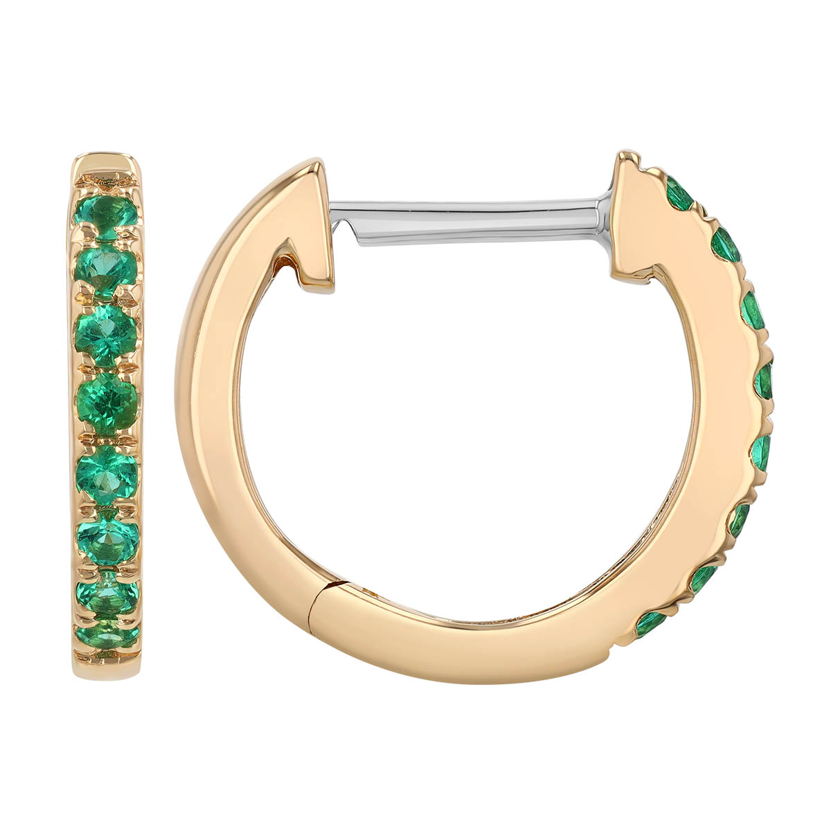 Emerald Huggie Hoop Earrings in Yellow Gold