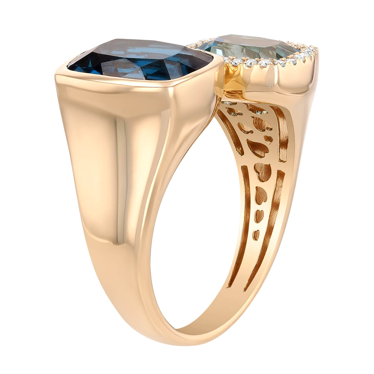 Cushion London & Sky Blue Topaz & Diamond Halo Hug Ring in Yellow Gold