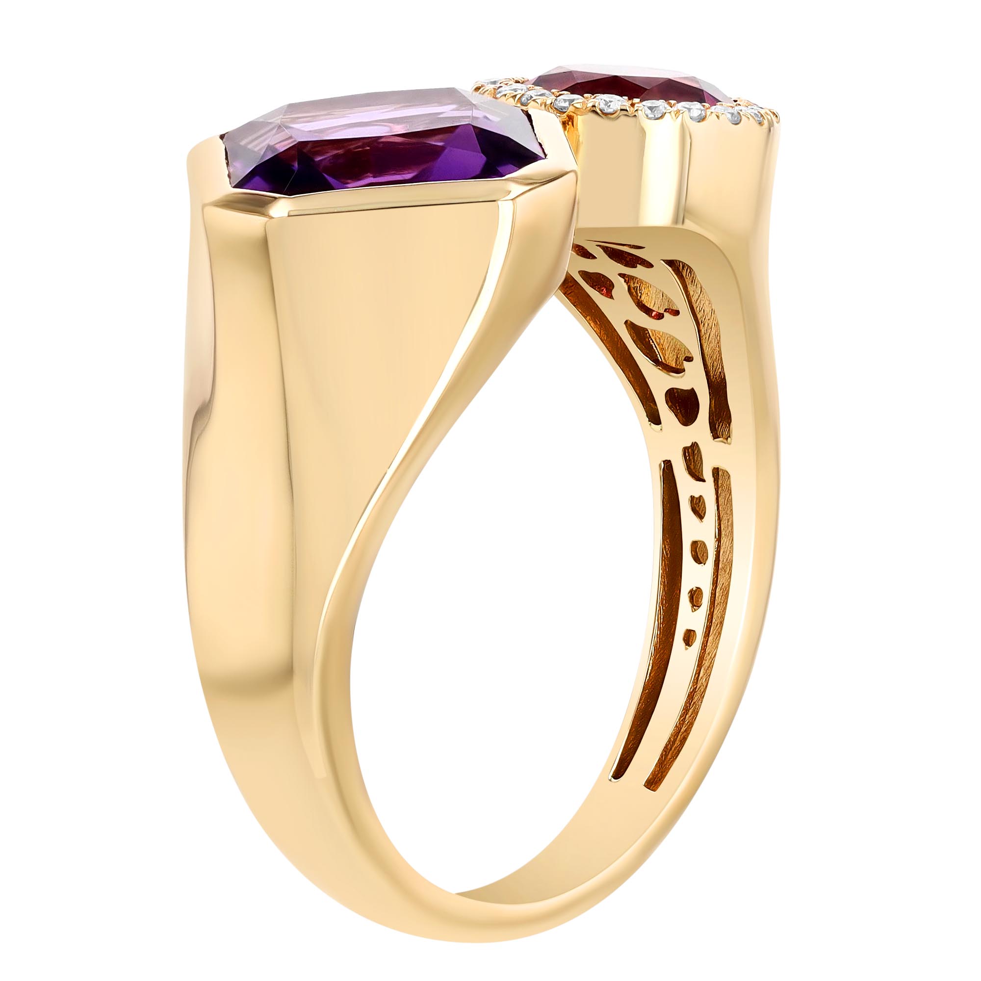 Amethyst, Rhodolite Garnet & Diamond Ring in Yellow Gold