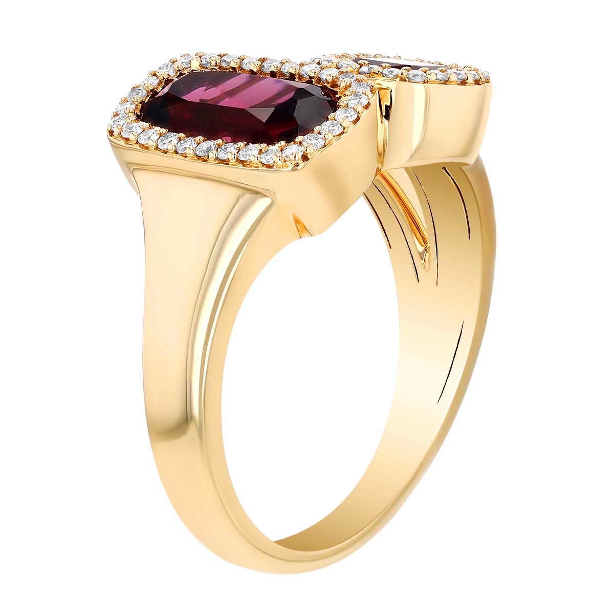 Cushion Cut Rhodolite Garnet & Diamond Cluster Ring in Yellow Gold
