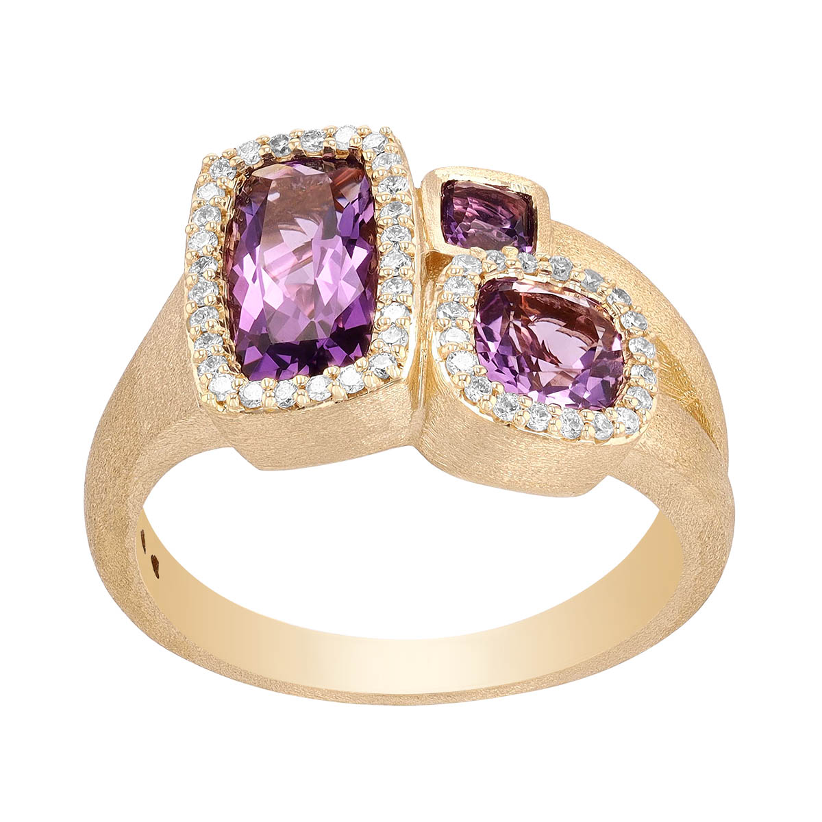 Cushion Amethyst 3 Stone Cluster Ring with Diamond Halo in Satin Yellow Gold