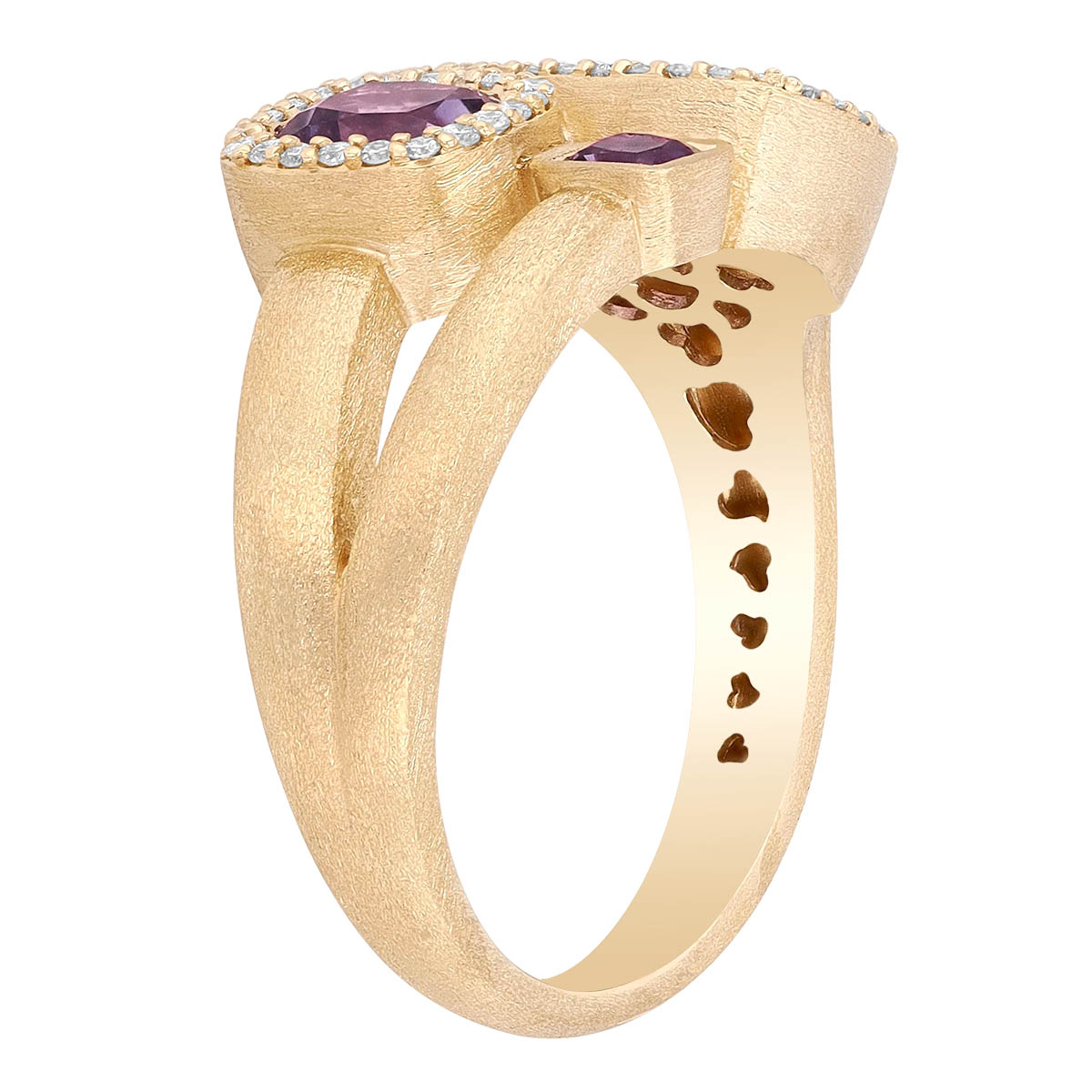 Cushion Amethyst 3 Stone Cluster Ring with Diamond Halo in Satin Yellow Gold