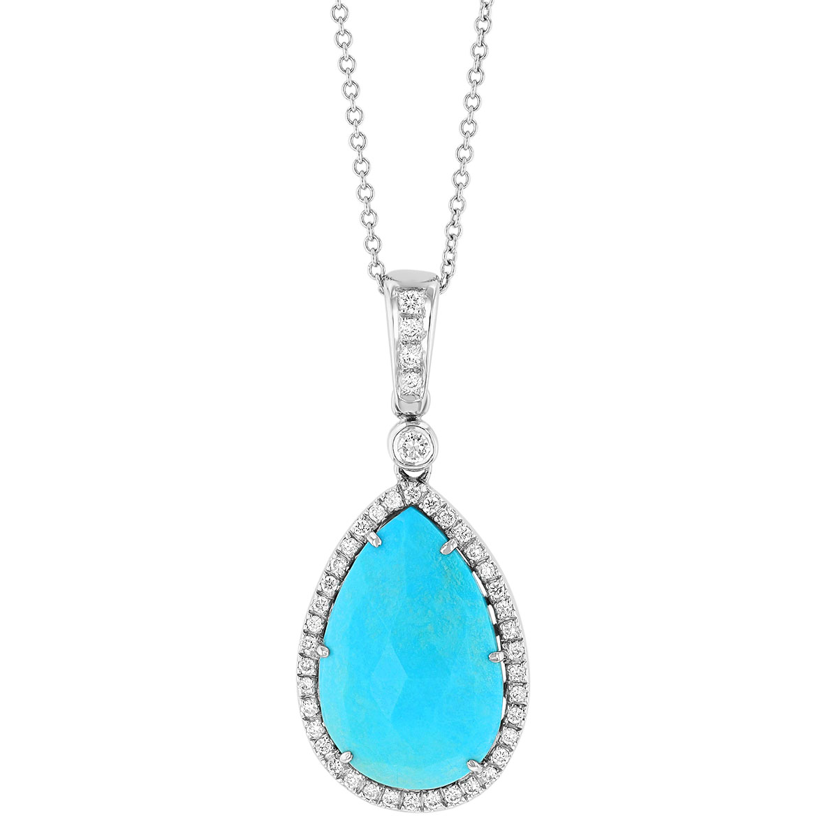 Pear Rose Cut Turquoise & Diamond Halo Pendant in White Gold