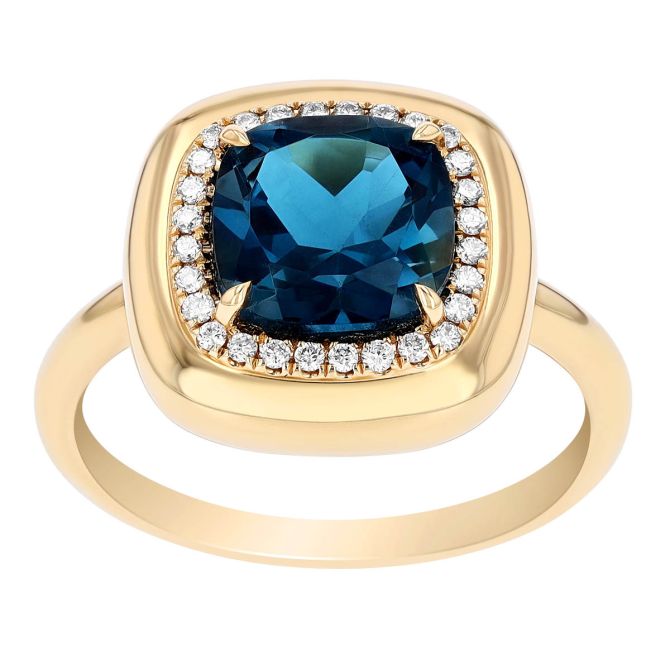 Doves Cushion Cut Topaz & Diamond Halo Ring in Yellow Gold