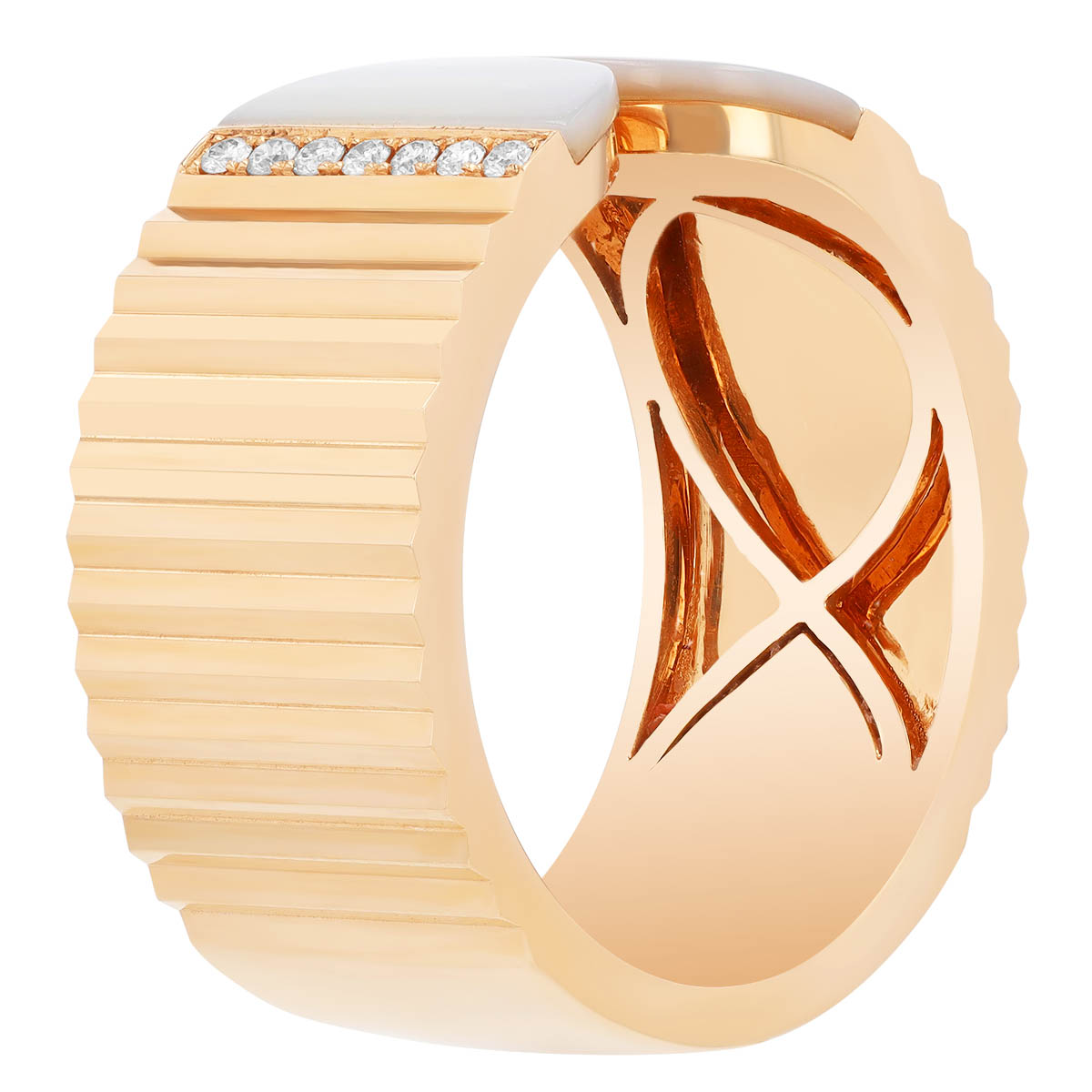 Doves Half Moon Mother of Pearl & Diamond Wide Band Ribbed Ring in Yellow Gold