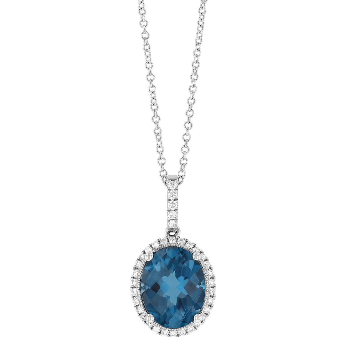 Doves Oval Blue Topaz & Diamond Halo Pendant in White Gold, 18
