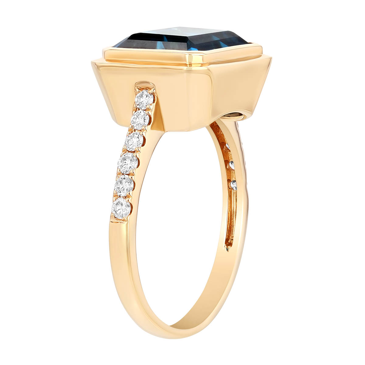 Doves Bezel Set Emerald Cut Topaz & Diamond Ring in Yellow Gold