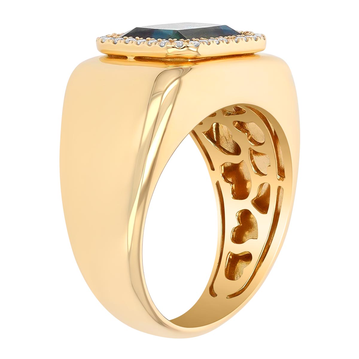 Doves Emerald Cut Topaz & Diamond Halo Wide Band Ring in Yellow Gold