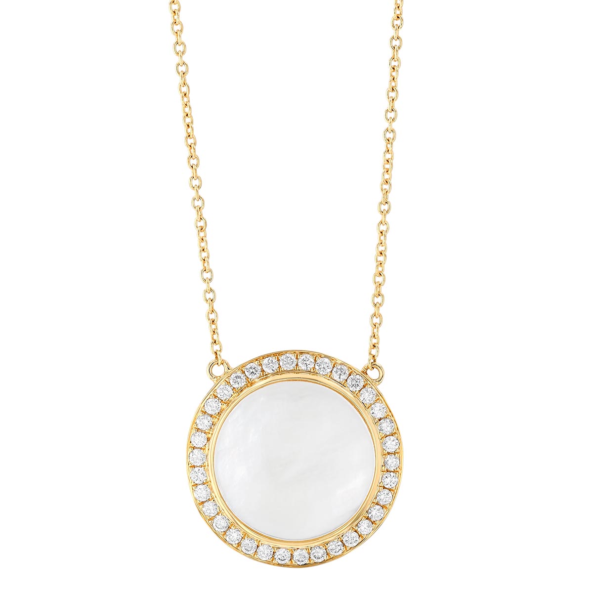 Doves Mother of Pearl & Diamond Halo Round Pendant in Yellow Gold, 18