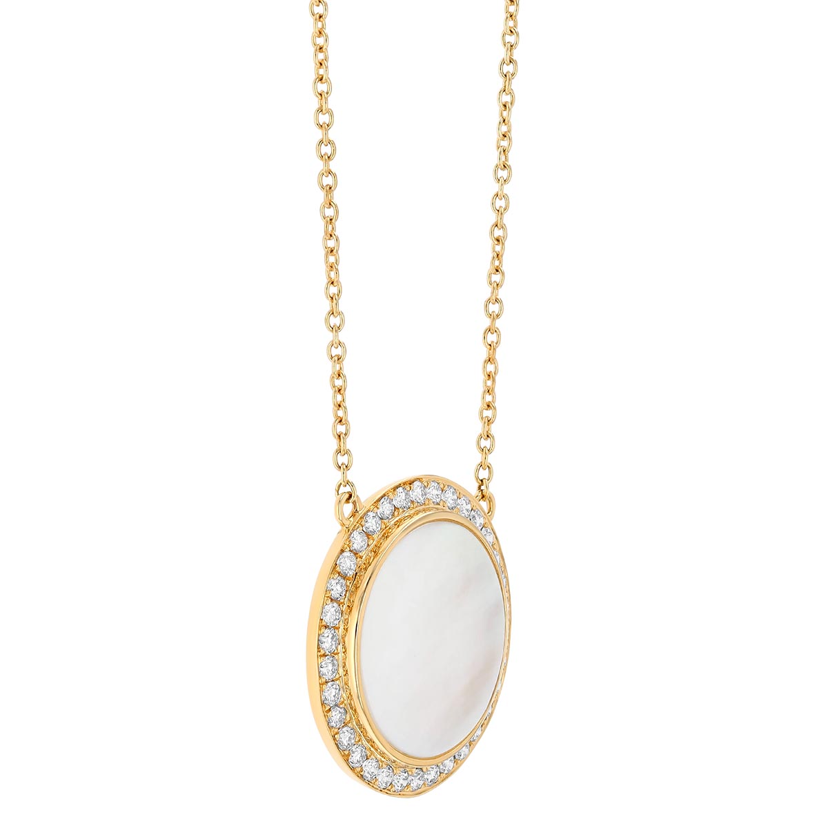 Doves Mother of Pearl & Diamond Halo Round Pendant in Yellow Gold, 18