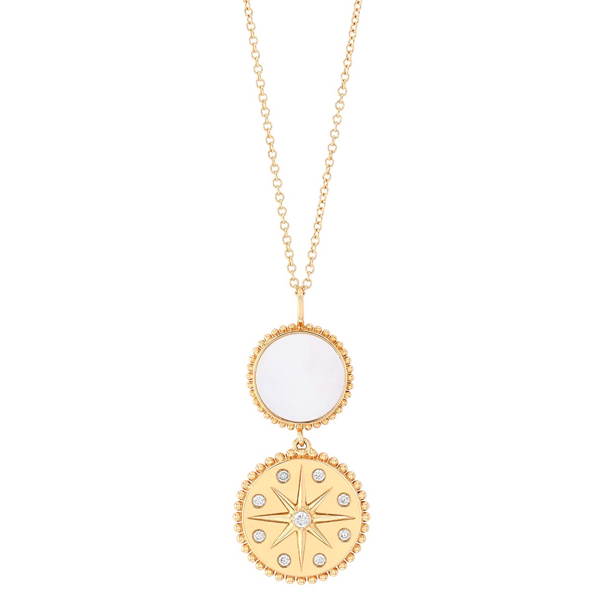 Doves Mother of Pearl & Diamond Starburst Double Round Pendant in Yellow Gold, 18