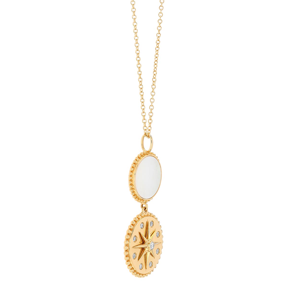Doves Mother of Pearl & Diamond Starburst Double Round Pendant in Yellow Gold, 18