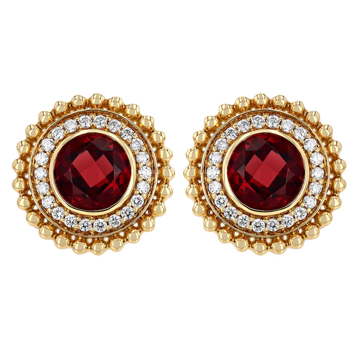 Doves Round Garnet & Diamond Halo Beaded Edge Stud Earrings in Yellow Gold