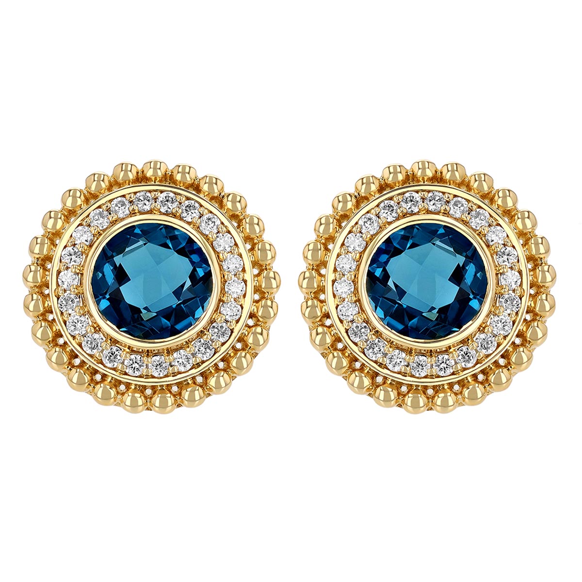 Doves Round Topaz & Diamond Halo Beaded Edge Stud Earrings in Yellow Gold