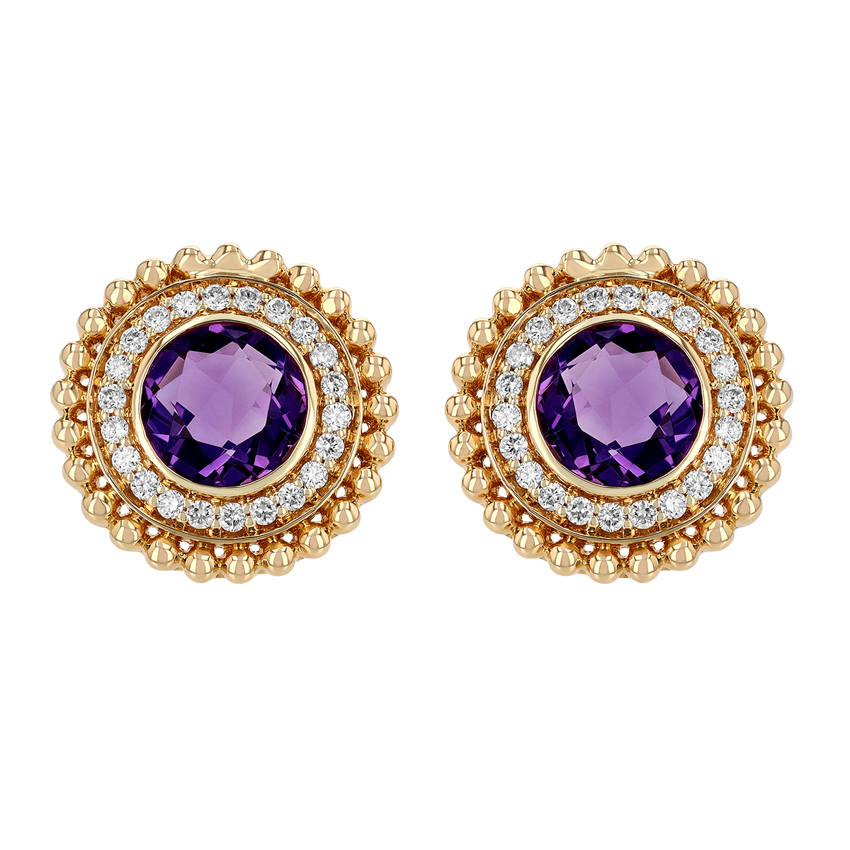 Doves Round Amethyst & Diamond Halo Beaded Edge Stud Earrings in Yellow Gold