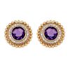 Doves Round Amethyst & Diamond Halo Beaded Edge Stud Earrings in Yellow Gold