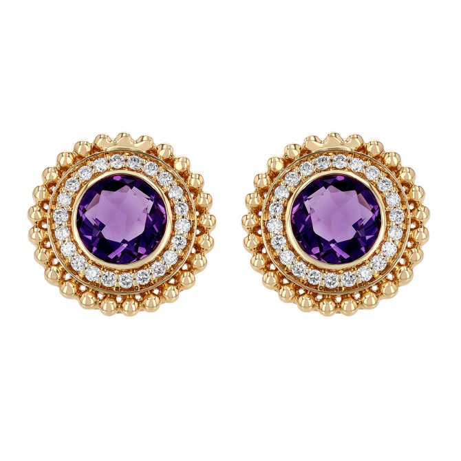 Doves Round Amethyst & Diamond Halo Beaded Edge Stud Earrings in Yellow Gold