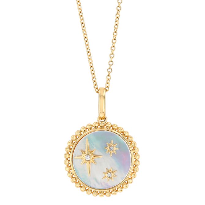 Doves Mother of Pearl & Diamond Starburst Trio Round Pendant in Yellow Gold, 18"