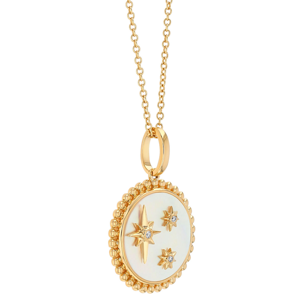 Doves Mother of Pearl & Diamond Starburst Trio Round Pendant in Yellow Gold, 18