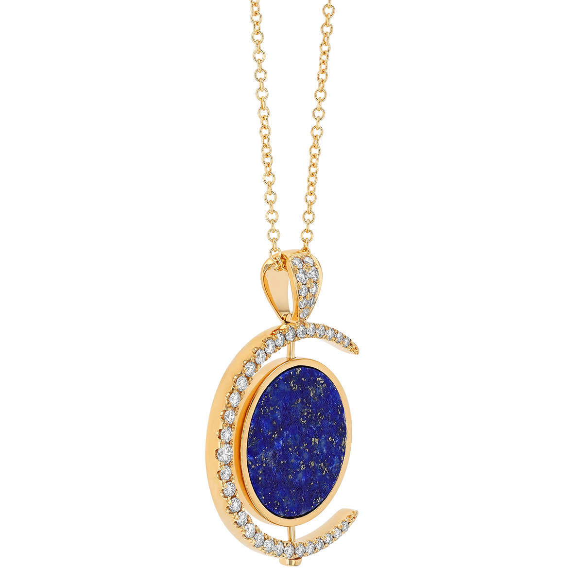Doves Lapis Lazuli & Diamond Half Moon Flip Disc Pendant in Yellow Gold