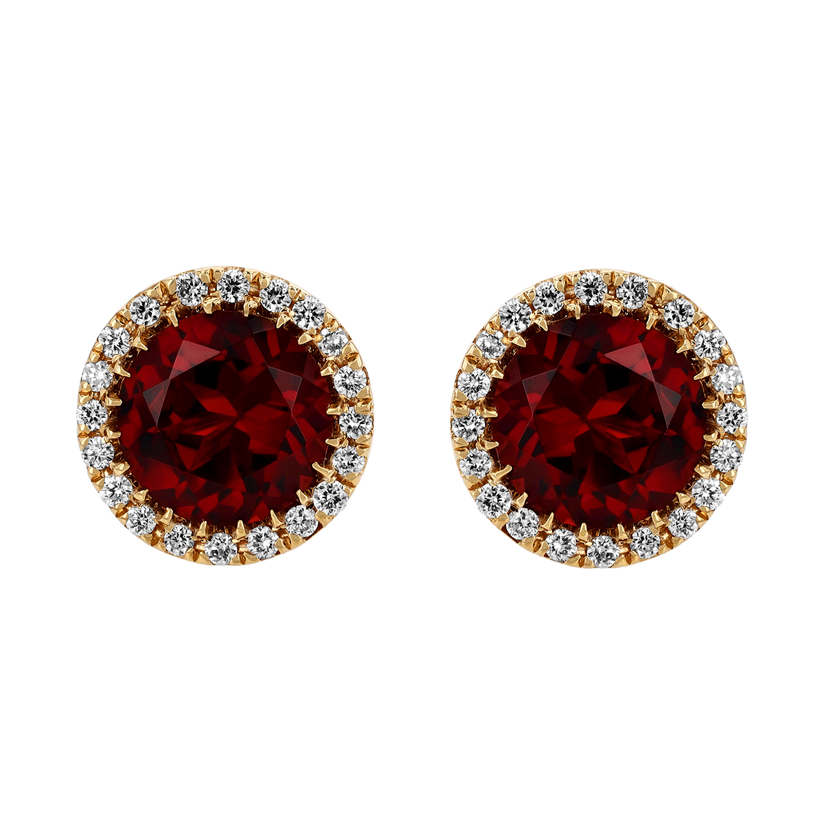 Doves Round Garnet & Diamond Halo Stud Earrings in Yellow Gold