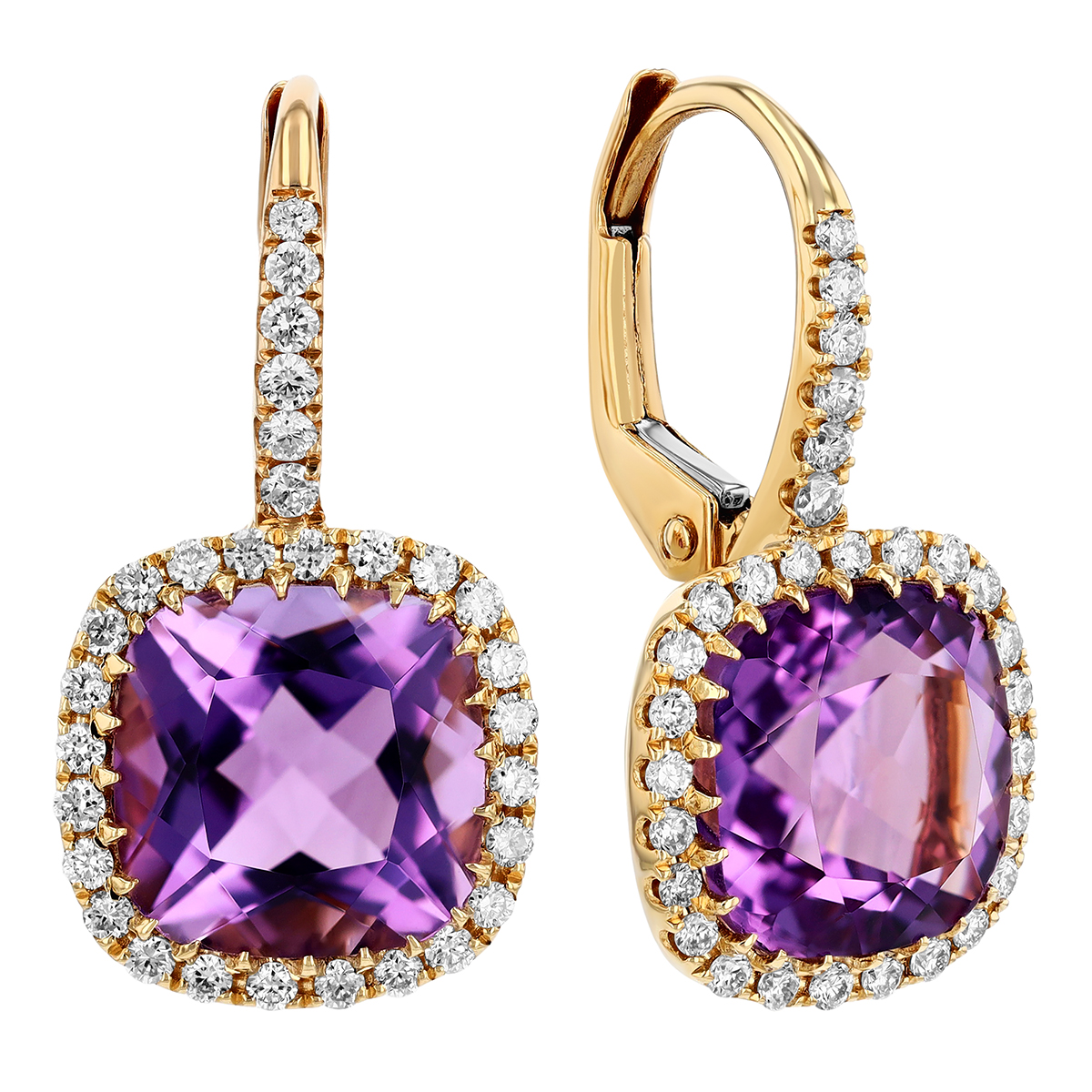 Doves Cushion Cut Amethyst & Diamond Halo Drop Earrings in Yellow Gold