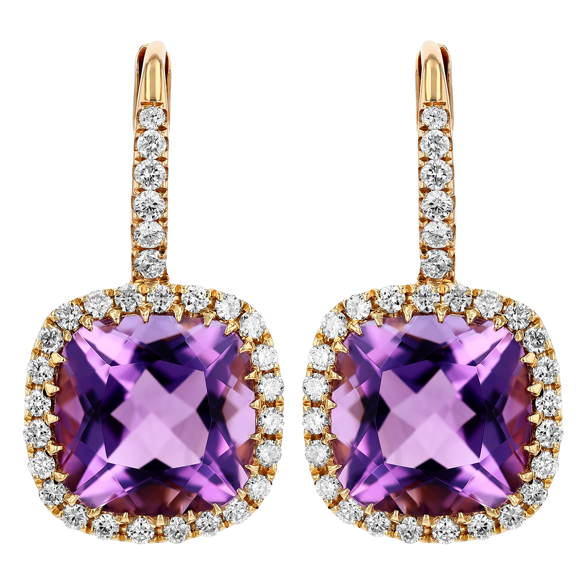 Doves Cushion Cut Amethyst & Diamond Halo Drop Earrings in Yellow Gold