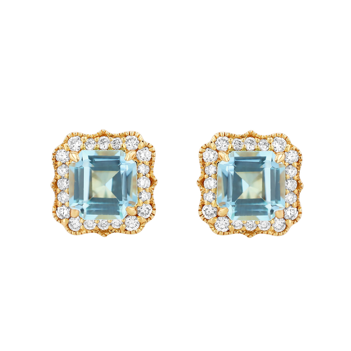 Doves Square Step Cut Topaz & Scalloped Diamond Halo Stud Earrings in Yellow Gold