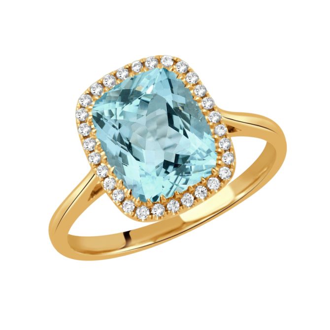 Doves Sky Blue Topaz & Diamond Halo Ring in Yellow Gold
