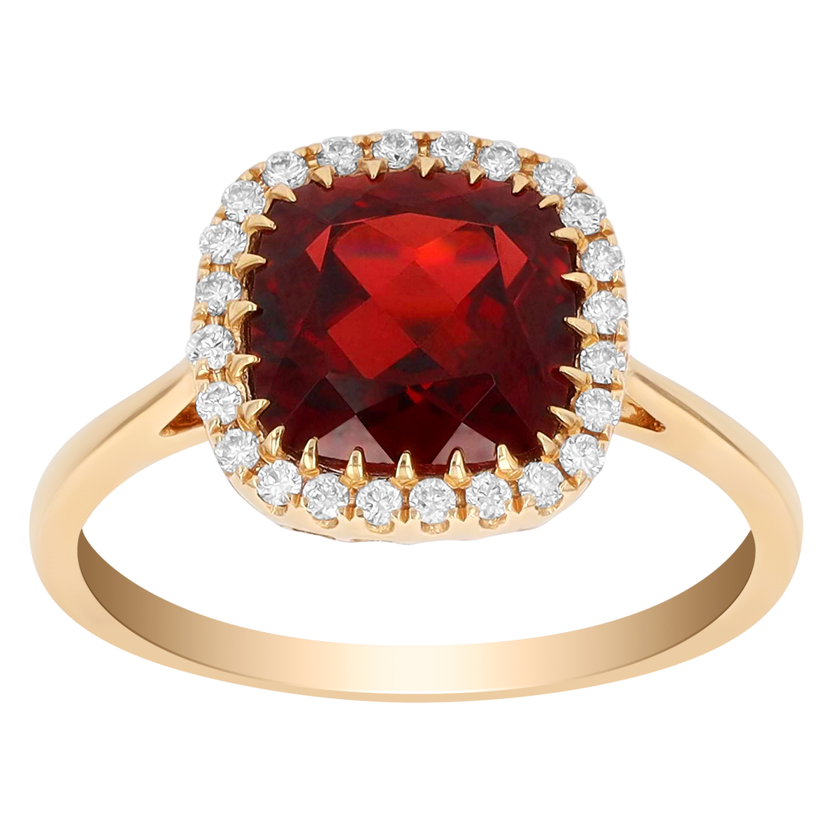 Doves Cushion Checkerboard Garnet & Diamond Halo Ring in Yellow Gold
