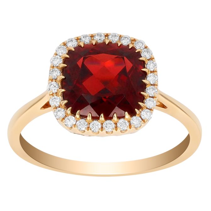 Doves Cushion Checkerboard Garnet & Diamond Halo Ring in Yellow Gold
