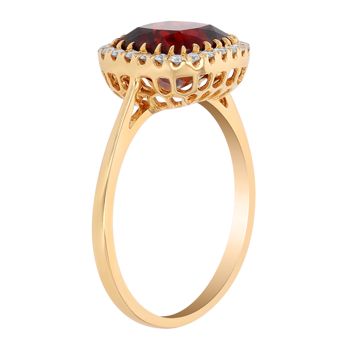 Doves Cushion Checkerboard Garnet & Diamond Halo Ring in Yellow Gold