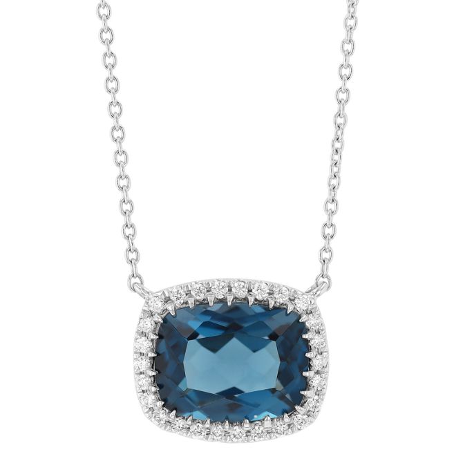 Doves Cushion Checkerboard Topaz & Diamond Halo Pendant in White Gold, 18'