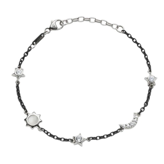 Monica Rich Kosann Sun, Moon & Stars Moonstone & White Sapphire Steel and Sterling Silver Bracelet