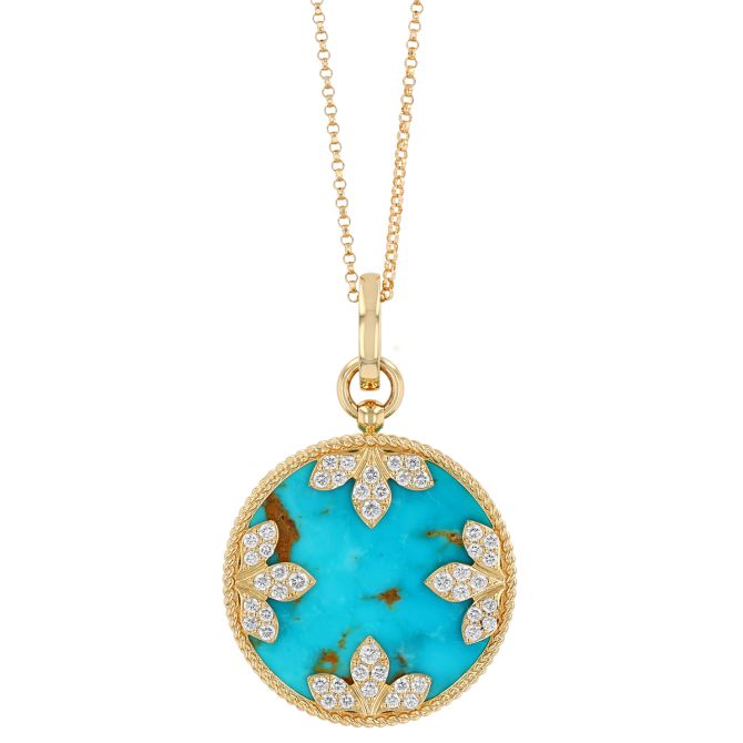 Roberto Coin Turquoise & Diamond Medallion Disc Pendant in Yellow Gold, 17"