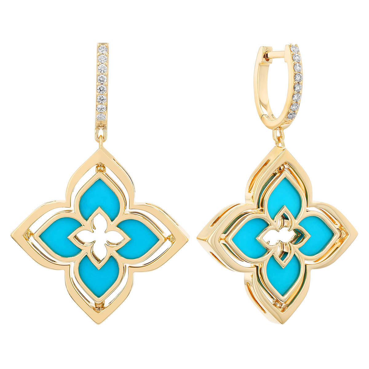 Roberto Coin Venetian Princess Pirouette Diamond & Turquoise Dangle Earrings in Yellow Gold