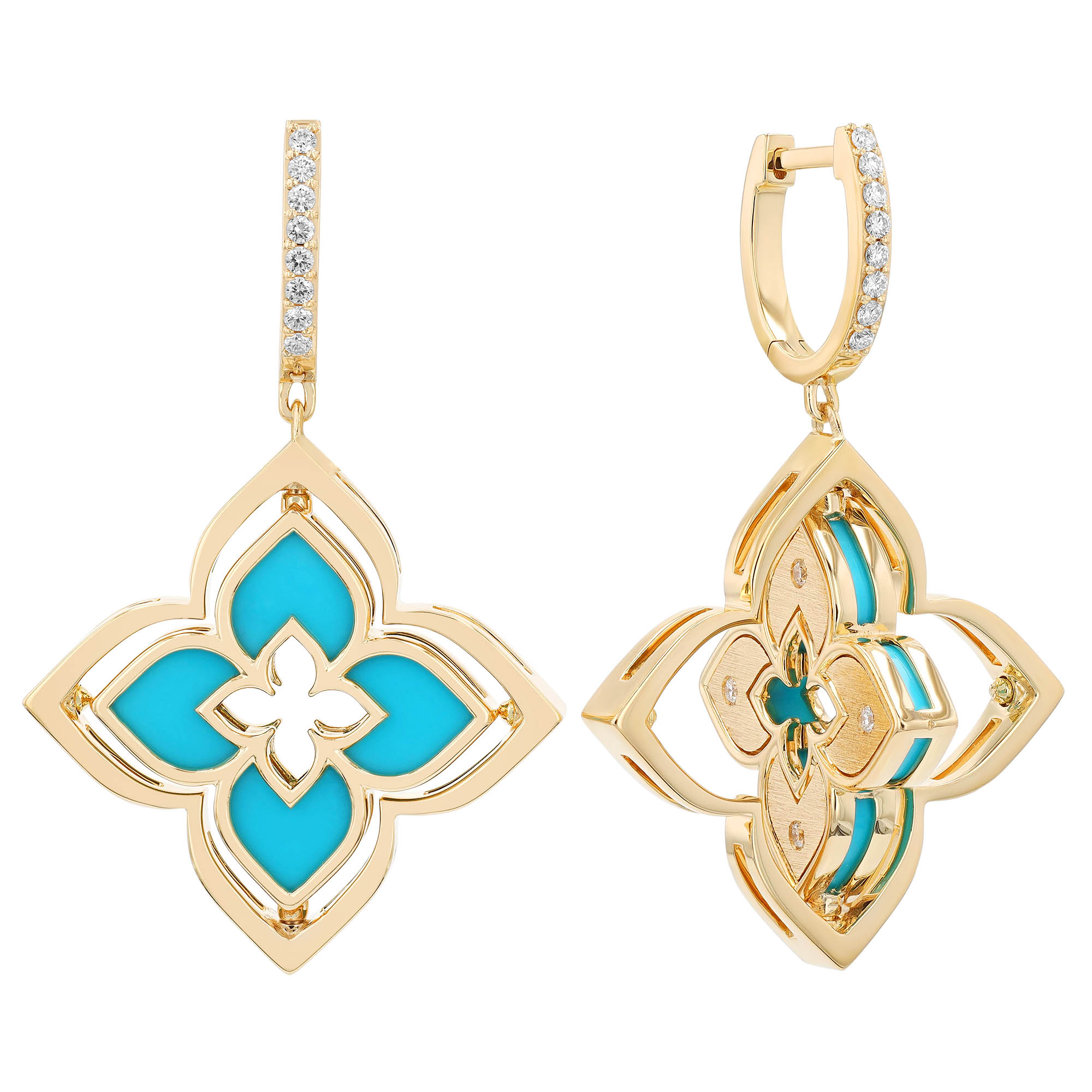 Roberto Coin Venetian Princess Pirouette Diamond & Turquoise Dangle Earrings in Yellow Gold