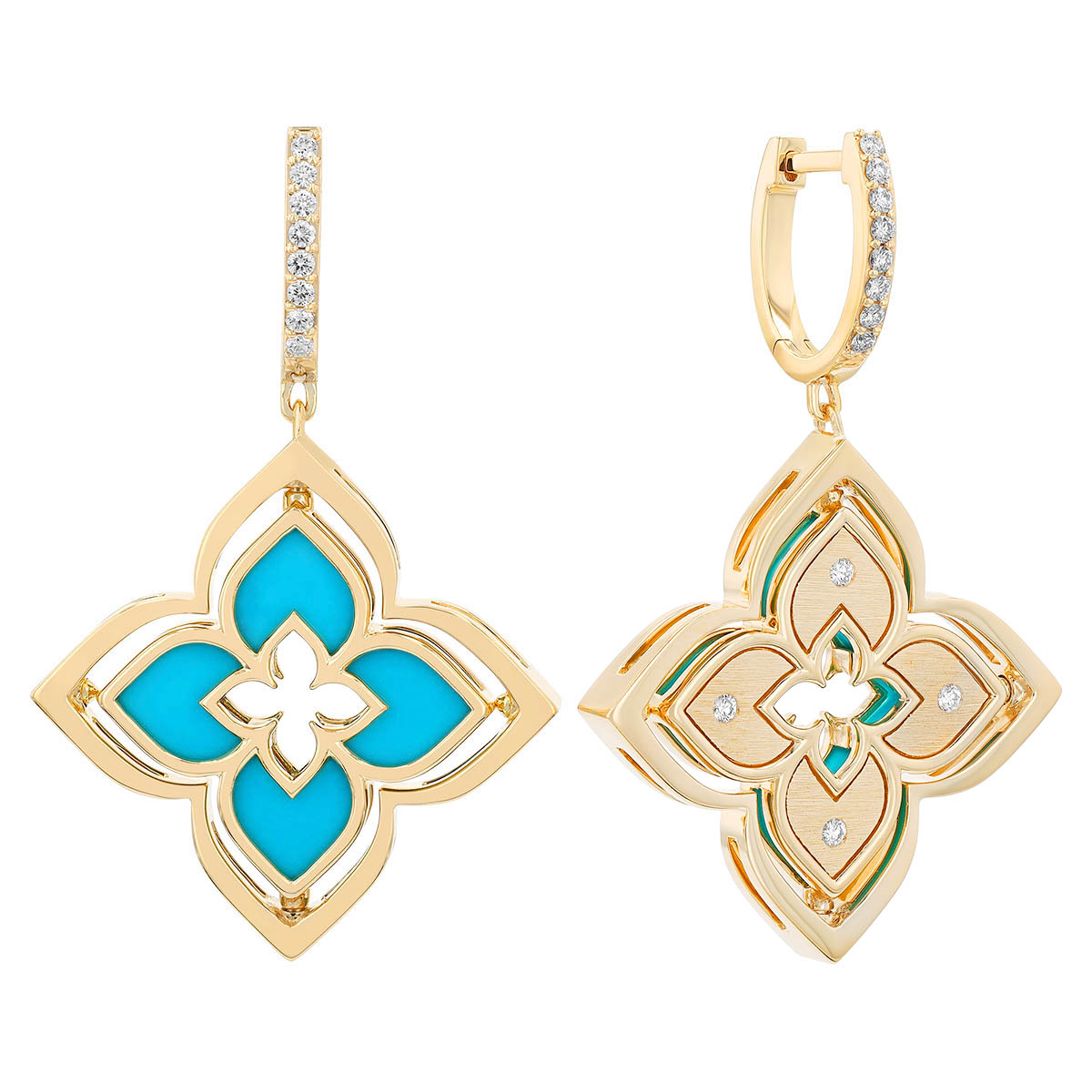 Roberto Coin Venetian Princess Pirouette Diamond & Turquoise Dangle Earrings in Yellow Gold