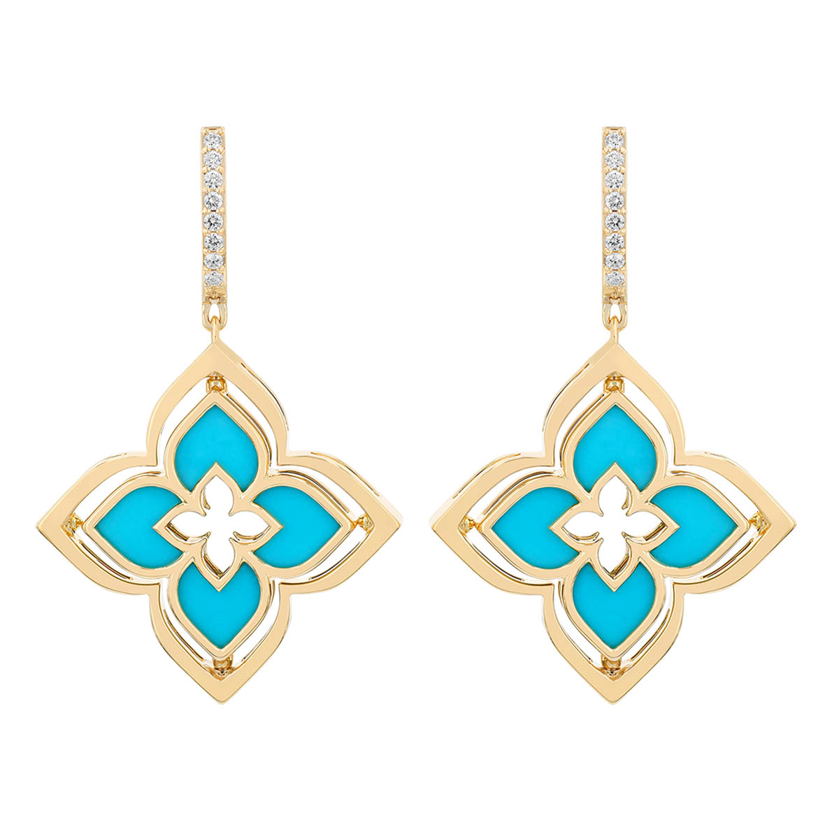 Roberto Coin Venetian Princess Pirouette Diamond & Turquoise Dangle Earrings in Yellow Gold