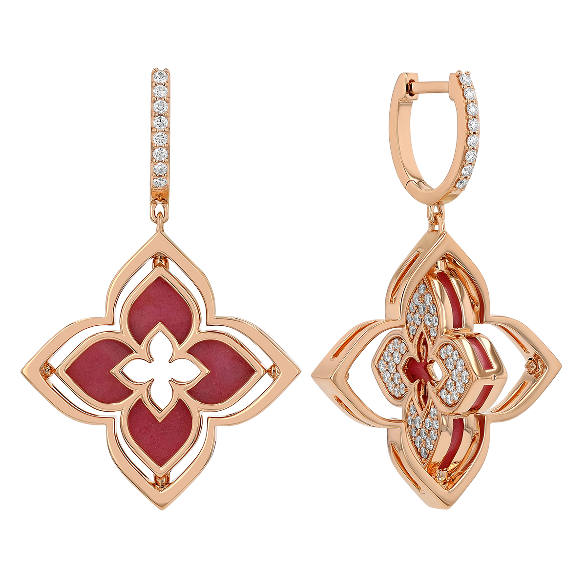 Roberto Coin Venetian Princess Pirouette Diamond Pave & Rhodochrosite Dangle Earrings in Rose Gold